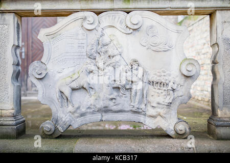 Ornaments, mouldings, gargoyle, low reliefs in a sandstone, granite, concrete. sculpting details in Gdansk (Danzig).  Mariacka street (Mariengasse) an Stock Photo