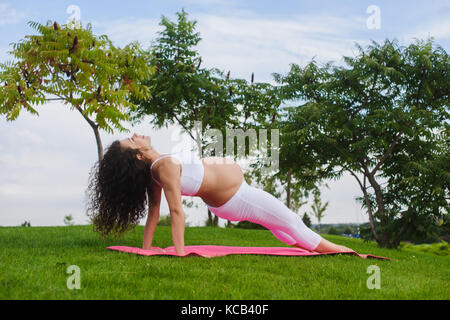 Pregnant yoga. Women doing different exercises in park on the grass, breathing, stretching, statics. Stock Photo