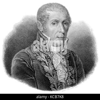 ALESSANDRO VOLTA (1745-1827) Italian chemist, physicist and inventor of the electric battery in an engraving about 1828 Stock Photo