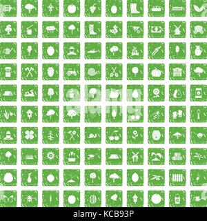 100 agriculture icons set grunge green Stock Vector