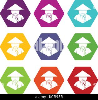 Asian man in conical hat icon set color hexahedron Stock Vector