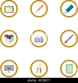 Art school icons set, cartoon style Stock Vector