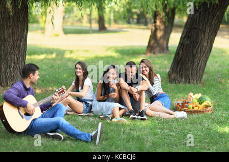 Happy guys and girls having fun with guitar, singing and laughing. Best friends met at picnic with basket of fruit on sunny day in park. Young men and Stock Photo