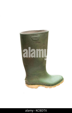 dirty green wellington boot isolated on white background Stock Photo