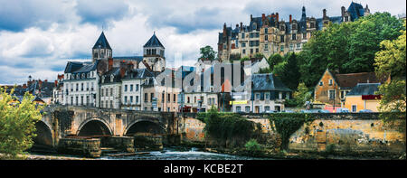 Impressive Saint-Aignan old village,view with bridge and castle, Loire valley,France. Stock Photo