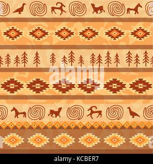 Floral native seamless pattern with animals silhouette. Abstract ancient aztec folk geometric ornament. Stock Vector