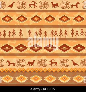 Floral native seamless pattern with animals silhouette. Abstract ancient aztec folk geometric ornament. Stock Vector