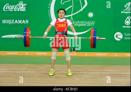 Ashgabat 2017 - 5th Asian Indoor & MartialArts Games 17-09-2017. Huiying Xiao (CHN) competes in the clean and jerk competition Stock Photo