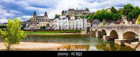 Beautiful Saint Aignan sur Cher village,view with Cher  river,old bridge and castle,France.