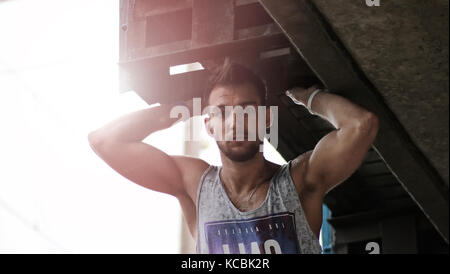 bearded man hip hop dancer on the bridge Stock Photo