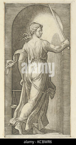 Justice personified by a young woman holding a sword in her raised right hand, scales in her left, from 'The Virtues Stock Photo