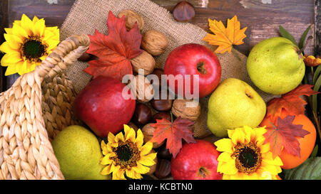 Autumn Fall overhead with seasonal fruit and nuts on a rustic wood background. Stock Photo