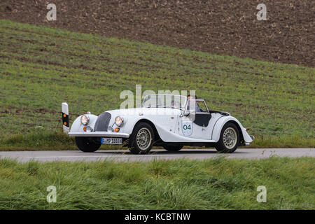 Augsburg, Germany - October 1, 2017: Morgan oldtimer car at the Fuggerstadt Classic 2017 Oldtimer Rallye on October 1, 2017 in Augsburg, Germany. Stock Photo