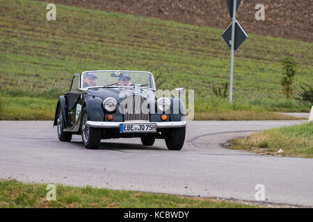 Augsburg, Germany - October 1, 2017: Morgan oldtimer car at the Fuggerstadt Classic 2017 Oldtimer Rallye on October 1, 2017 in Augsburg, Germany. Stock Photo