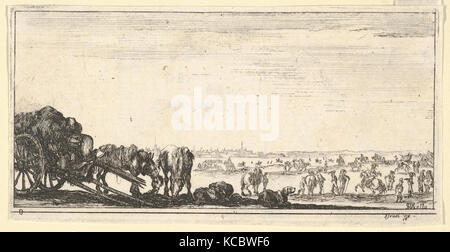 Plate 8: a chariot and two horses to left, a dog in center, various horses and soldiers in the background, from 'Troops Stock Photo