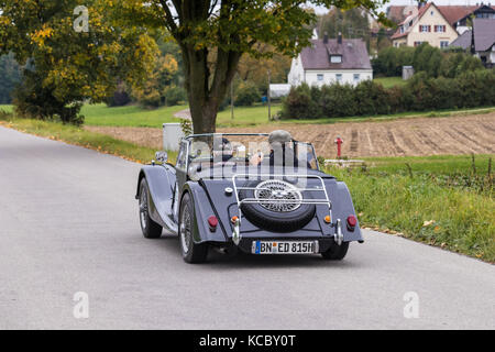 Augsburg, Germany - October 1, 2017: Morgan oldtimer car at the Fuggerstadt Classic 2017 Oldtimer Rallye on October 1, 2017 in Augsburg, Germany. Stock Photo