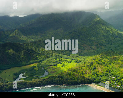 Aerial view of the Wainiha River Valley on the northern coast of Kauai, Hawaii on a cloudy day. Stock Photo