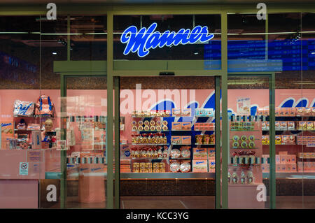 Manner store in the Central station, Vienna. The Original Neapolitan Wafers are the best selling product and have become a symbol of Viennese culture. Stock Photo