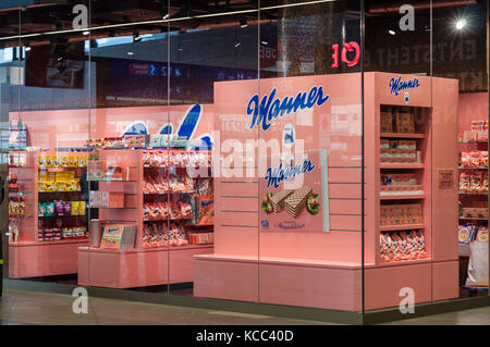 Manner store in the Central station, Vienna. The Original Neapolitan Wafers are the best selling product and have become a symbol of Viennese culture. Stock Photo