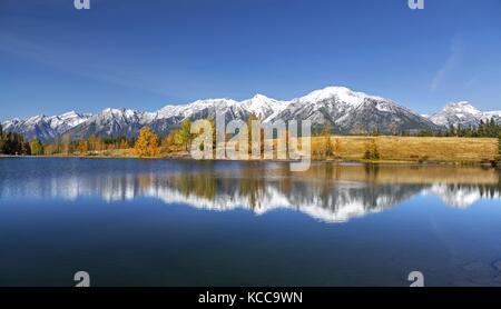 Autumn Landscape and Distant Rocky Mountains Tops from Quarry Lake above Canmore in Alberta Foothills near Banff National Park Canada Stock Photo
