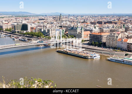 An aerial view on the Elisabeth bridge, the Danube river and the Pest area of Budapest, the capital of Hungary Stock Photo