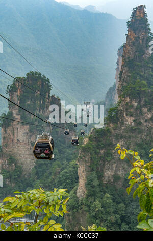 Cable Cars from Tianzi Mountain, Yuanjiajie Scenic Area, Wulingyuan Stock Photo