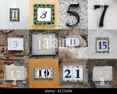 Collage of odd house numbers from 1 to 23 Stock Photo