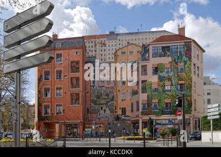 LYON, FRANCE, April 8, 2016 : Realized in 1987 in Croix-Rousse district, 'Mur des Canuts' is the biggest fresco in Europe, created by artists of Lyon  Stock Photo