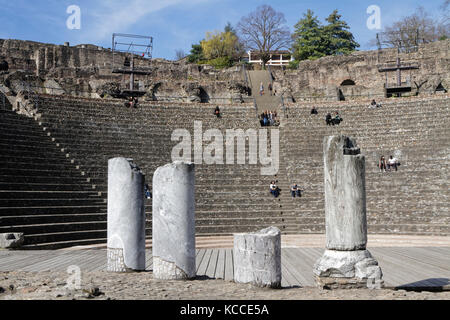 LYON, FRANCE, March 11, 2017 : The Ancient Theatre of Lyon is a Roman theatre built on the hill of Fourviere, located in the center of the Roman city. Stock Photo