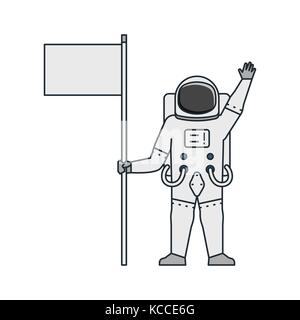 Vector illustration of an astronaut holding a white flag in spacesuit on white background. Space topic. Stock Vector