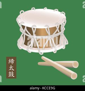 Vector illustration of Traditional asian percussion instrument Taiko or Shime Daiko drum. A name of the drum Shime Daiko is written in japanese hieroglyphs. Stock Vector