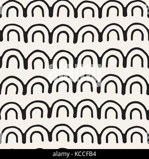 Monochrome minimalistic tribal seamless pattern with arc lines. Vector background with inky black art on white rounded stripe. Stock Vector