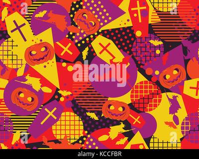 Halloween memphis seamless pattern. Festive background with mystical creatures and geometric figures a memphis in the style of the 80s. Vector illustr Stock Vector