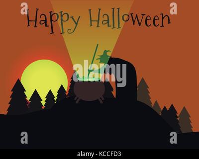 Happy Halloween. The witch is brewing a potion in the forest. Alchemical pot and sorceress. Twilight, the moon in the sky. Vector illustration Stock Vector