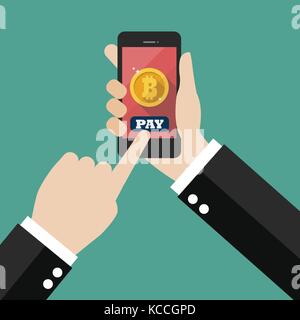 Online bitcoin payment concept. Businessman holding smartphone with bitcoin currency Stock Vector