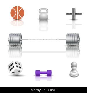 Realistic sports and game icons with shadow and mirror reflection. Isolated on white background, vector illustration. Stock Vector