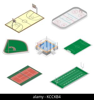 Playgrounds for playing football, soccer, basketball, baseball, ice hockey and tennis, isolated on white background. Design element of sports objects. Stock Vector