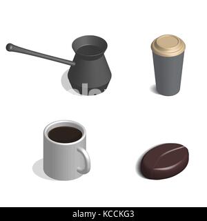 Coffee set. Cup, bean and cezve isolated on white background. 3D isometric style, vector illustration. Stock Vector