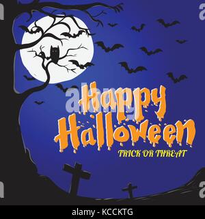 Happy Halloween Background, Graveyard with flying bats, tree, owl and full moon Background - Vector Illustration Stock Vector