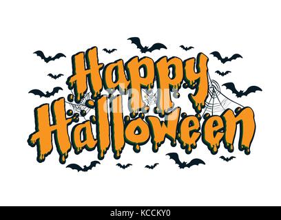 Lettering of Happy Halloween with spider and web, calligraphy design for Halloween - Vector Illustration Stock Vector