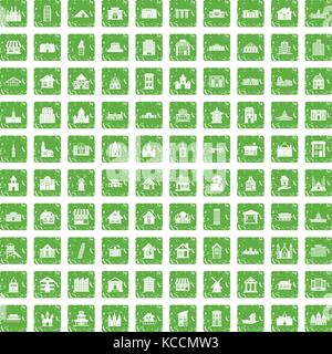 100 building icons set grunge green Stock Vector