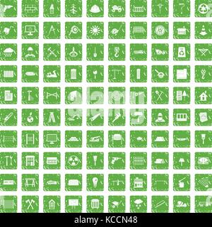 100 building materials icons set grunge green Stock Vector