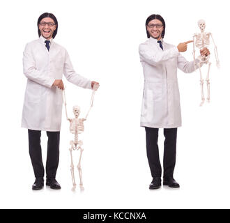 Funny teacher with skeleton isolated on white Stock Photo