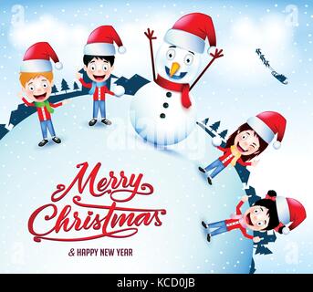 Animated Characters Playing Snow Outdoor On Christmas Season Vector Illustration Stock Vector
