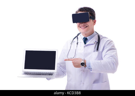 Doctor wearing a vr virtual reality headset isolated on white background Stock Photo