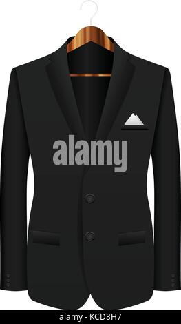 Man black suit on wooden hanger. Stock Vector