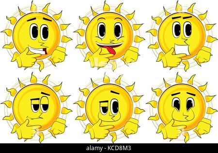 Cartoon sun thinking or pointing to his left side. Collection with happy faces. Expressions vector set. Stock Vector