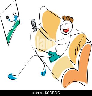 Doodle stickman illustration concept. Fat man on a sofa watching the footbal Stock Vector