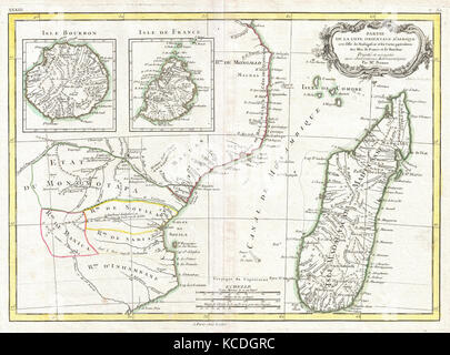 1770, Bonne Map of East Africa, Madagascar, Isle Bourbon and Mauritius, Mozambique, Rigobert Bonne 1727 – 1794 Stock Photo