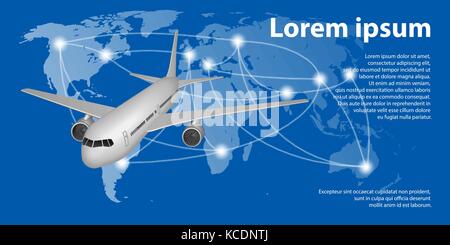 Flying airplane on World map with trace line. Travel airplane banner concept with copy space. Vector illustration. Stock Vector